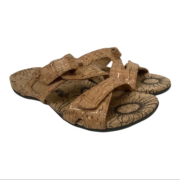 Vionic Shoes - Vionic Lauren Tan/Gold Metallic Cork Velcro Closure Sandals